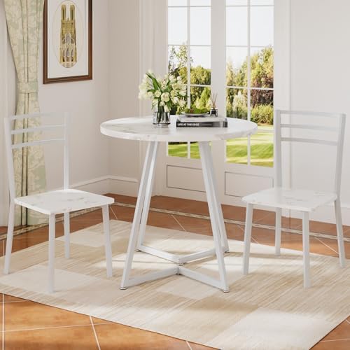 VECELO Small Round Dining Table Set for 2, Wood Tabletop with Strong Metal Fr...
