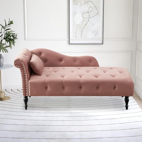Tufted Upholstered Velvet Rolled Arm Chaise Lounges Indoor Chair, Rose | Righ...