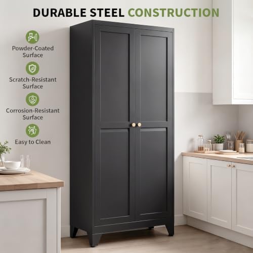 71" Metal Kitchen Pantry Cabinet with 4 Adjustable Shelves & Doors |...