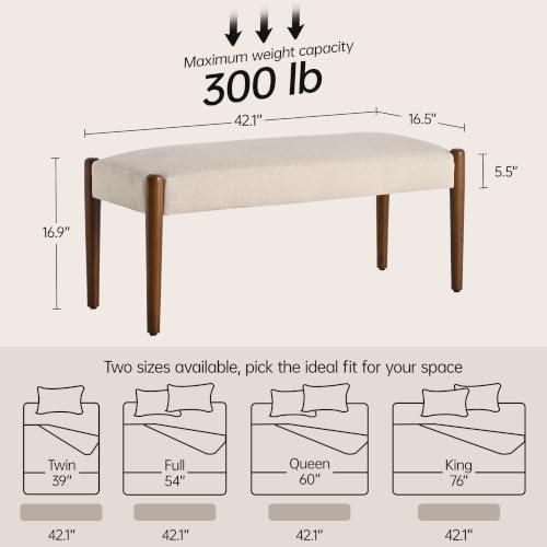 Usaint 42" End of Bed Bench with Wood Legs, Beige with Walnut Leg | Mode...