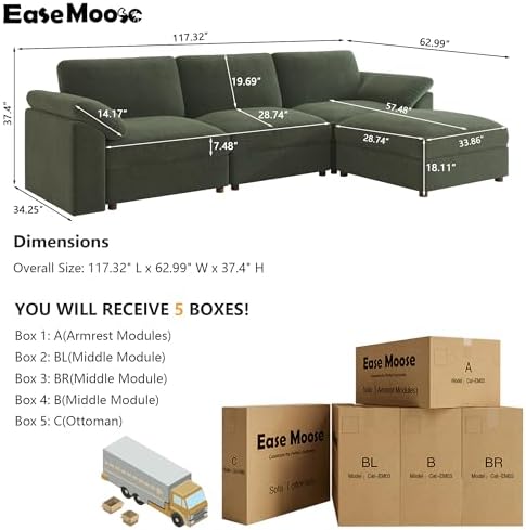 EASE MOOSE Green Sectional Modular Sofa, Oversized Deep Seat Cloud Couch