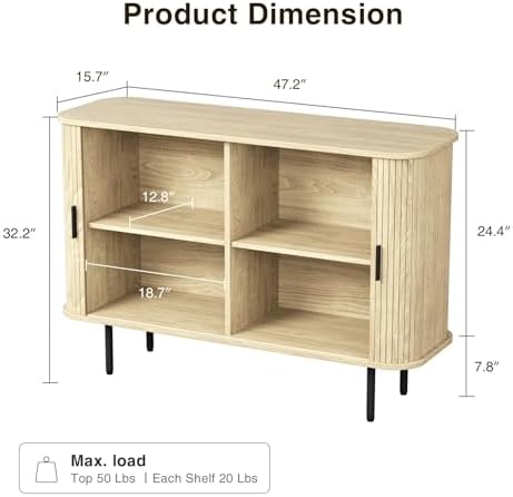 Fluted Sideboard Buffet Cabinet, Sliding Door/Adjustable Shelf, Natural