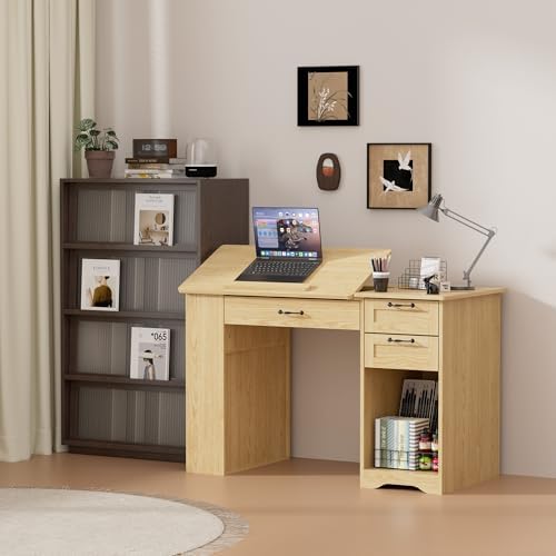 Drafting Table with Storage Cabinet & Drawers, Adjustable Drawing Desk wi...
