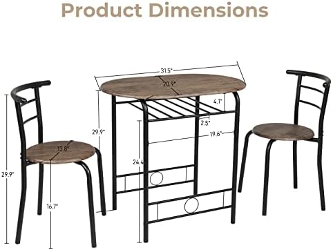VINGLI 3 Piece Dining Set,Small Kitchen Table Set for 2,Breakfast Table Set f...