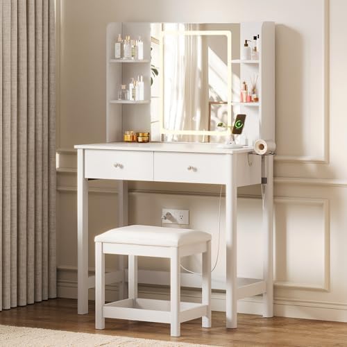 Vanity Desk with LED Mirror, 3 Lighting Modes and Chair | Small Makeup Vanity...