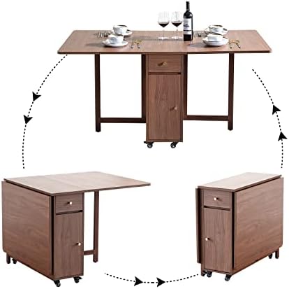 COMUHOME Drop Leaf Folding Dining Table with Storage, Wheels, Space Saving