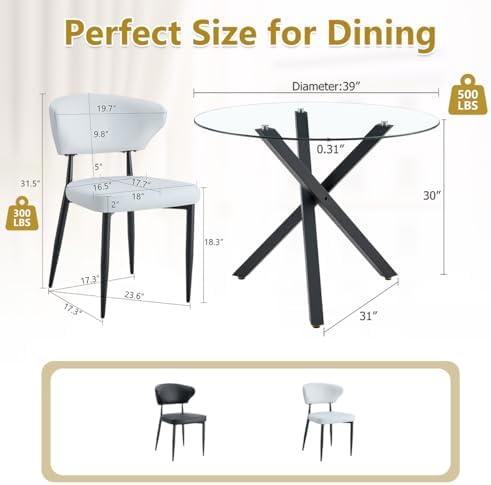 Round Glass Dining Table Set for 4, 39" Black Metal Base, PU Chairs | 5-...