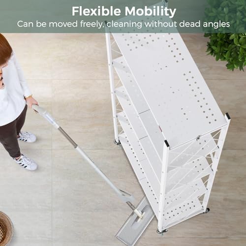 DEANIC 5-Shelf Folding Bookcase with Wheels, Rolling Bookshelf Heavy Duty Sto...