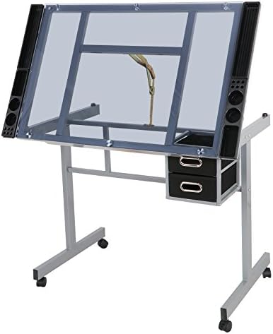 ZenStyle Glass Top Drafting Table with Storage, Adjustable Multifunctional Dr...
