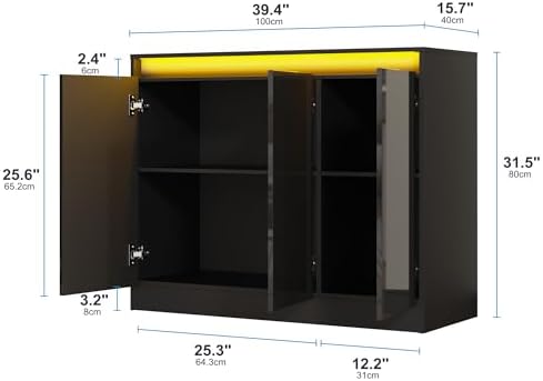 Furnify High Gloss Buffet Cabinet with LED Lights & Charging Station, Black