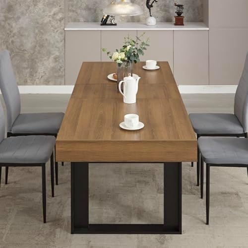 63-79 Inch Extendable Dining Table, Wooden Rectangle Kitchen Table for 6-8