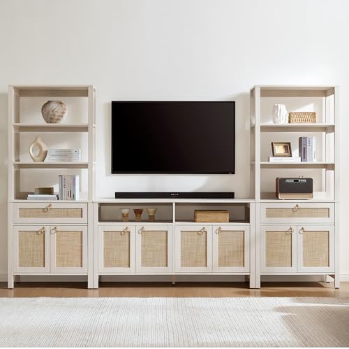 SICOTAS 68.5" Tall Boho White Rattan Storage Bookshelf with Drawer &...