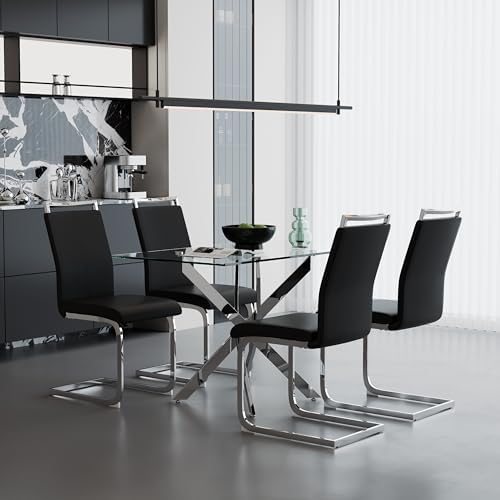 5 Piece Glass Dining Table Set for 4, Modern Tempered Glass Top Kitchen Table...