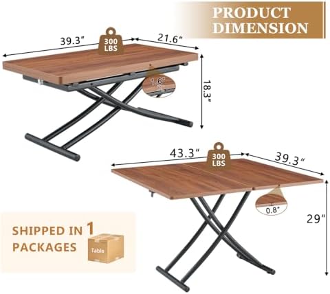 Adjustable Height Coffee Table, 4-in-1 Folding Dining Table, Walnut