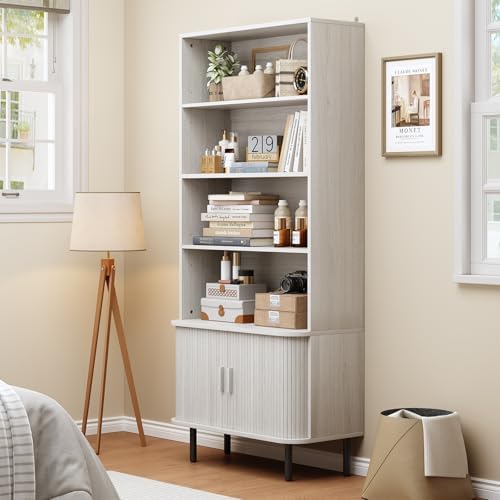 ONBRILL 71" Bookshelf with Sliding Door, Bookcase Cabinet, Natural White