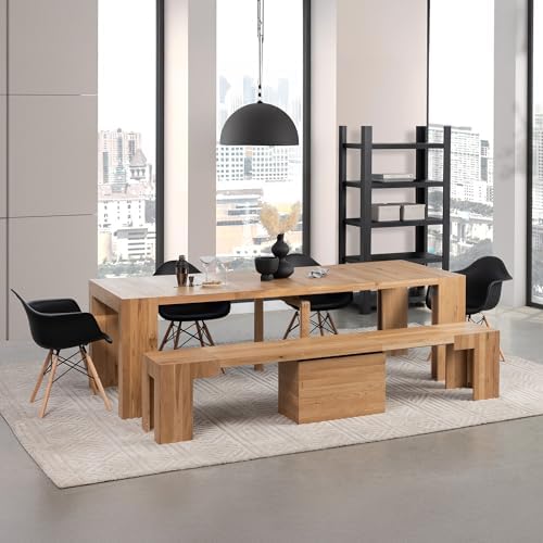Transformer Table Solid Wood Extendable Dining Table, Natural | Seats 2-12, E...