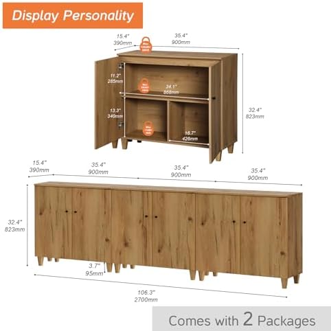 WAMPAT Modern Sideboards Credenza Storage Cabinets, 3 Pieces, Oak Brown