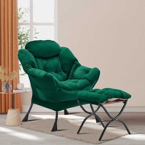 Youtanic Lazy Chair with Folding Ottoman, Accent Chair Velvet Upholstered wit...