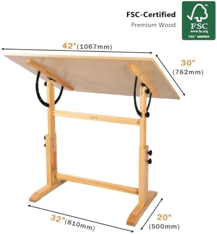 DJAR 42x30 Adjustable Wooden Drafting Table & Art Drawing Desk, Natural