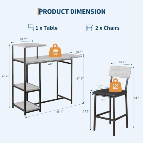 Garvee Dining Table Set for 2, 3-Piece Expandable Bar Table and Chairs Set