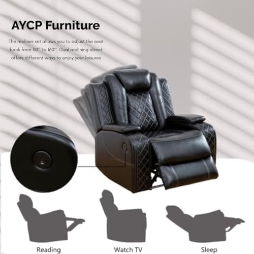 Power Recliner Set with LED Lights, Air Leather Reclining Set with USB Port/W...
