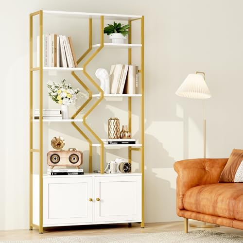 Keyluv 76" Tall White & Gold Bookshelf with Storage Cabinet