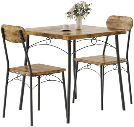 VECELO 3 Piece Small Dining Table Set for 2, Metal and Wood Square Kitchen Di...