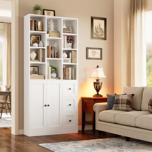 IRONCK Bookshelf with 2 Doors and 3 Drawers, 71" Storage Bookcase, White