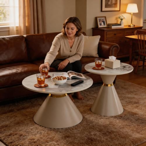 Set of 2 Nesting Coffee Table Round Faux Marble Top Coffee Tables with Base |...
