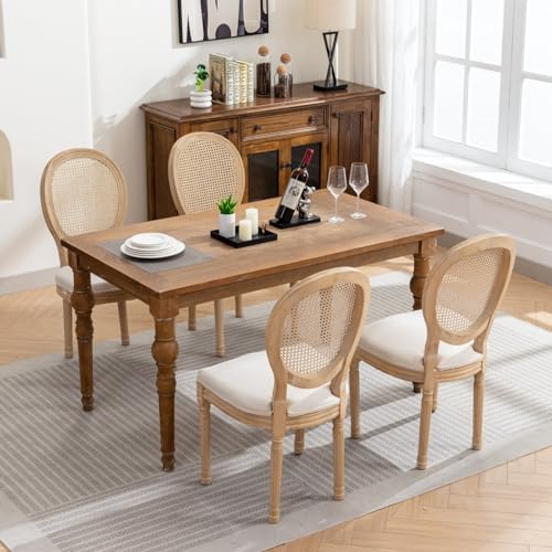 Vintage French Rattan Dining Chairs Set of 4, Solid Wood Frame with Round Rat...