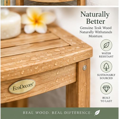 EcoDecors Corner Shower Stool with Shelf, Solid Teak Shower Bench