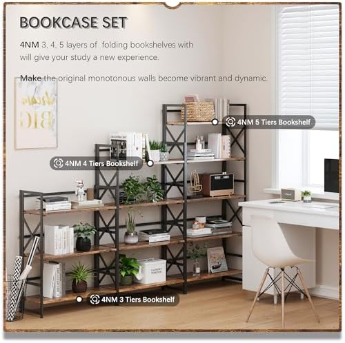 4NM 5 Tiers No Assembly Book Shelves, 51.2" H Folding Bookshelf Bookcase...