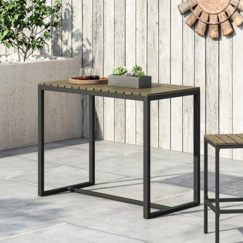 Industrial Outdoor Bar Table – Acacia Wood Top with Metal Frame, Perfect for ...