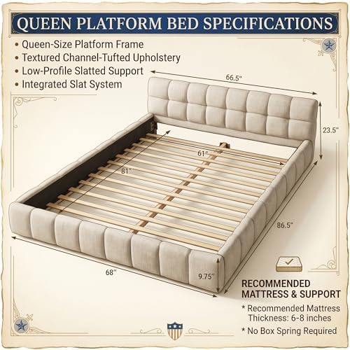 Chenille Fabric Upholstered Platform Bed Frame with Soft Headboard, Modern Lo...