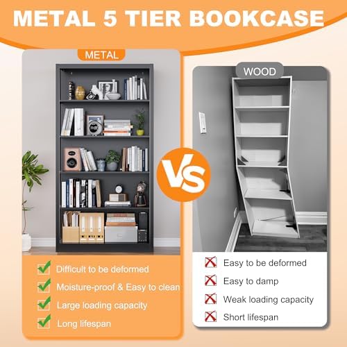 VASAAOSD 66" Tall Metal Bookcase, 5 Shelf Black Bookcase with Adjustable...
