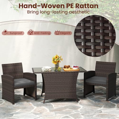 Tangkula 3 Piece Patio Wicker Dining Set, 2 Rattan Chairs with Rectangle Temp...