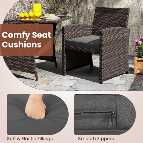 Tangkula 3 Piece Patio Wicker Dining Set, 2 Rattan Chairs with Rectangle Temp...