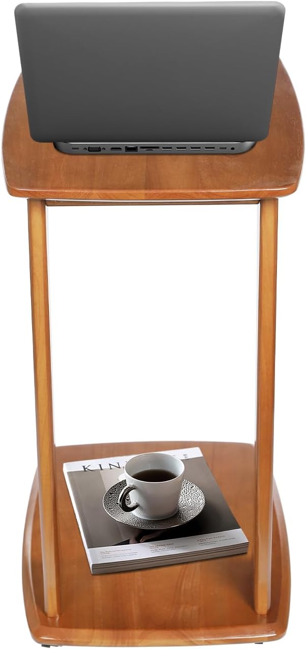 C Shaped Side Table for Couch, Solid Wood End Table with Rolling Wheels, Sofa...