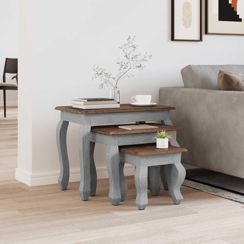4-Piece Solid Mahogany Wood Nesting Table Set in Brown and White with Stands ...
