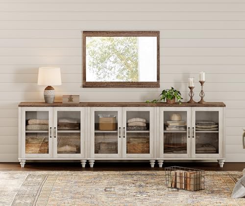 WAMAPT 101" Farmhouse Sideboard Credenza with 6 Glass Doors, Large Coffe...