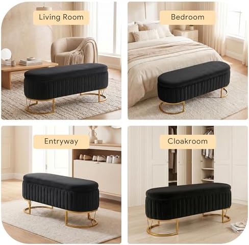 Storage Bench Bedroom Bench, Velvet Oval Upholstered End of Bed Bench with Go...