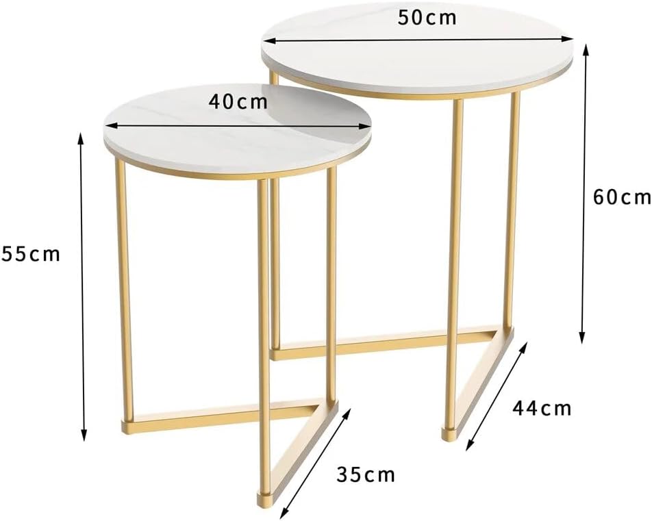 Set of 2 Modern Round Marble Metal Base Nesting Set Side Accent Table Living ...
