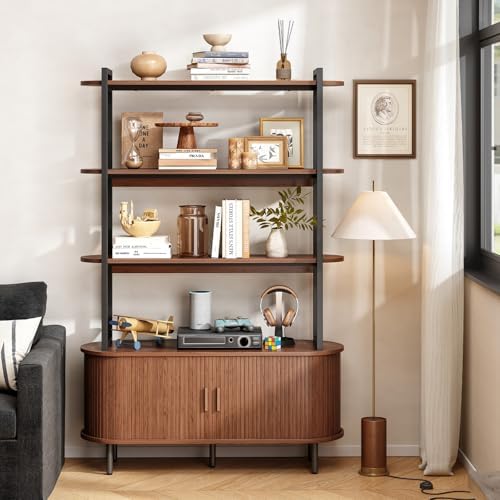 ONBRILL 71" Tall Bookshelf, 4-Tier Book Shelf with Storage Cabinet, Walnut