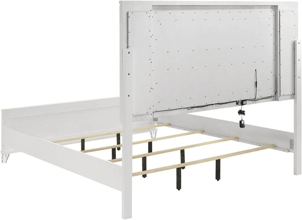 HomeStock Panel Bed with LED Headboard, 64 Inch, White Upholstery - Modern Be...