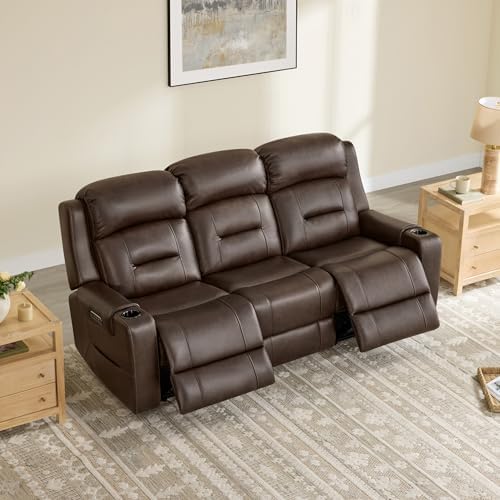 Watson & Whitely Genuine Leather Lay Flat Power Reclining Sofa, Brown | 3...