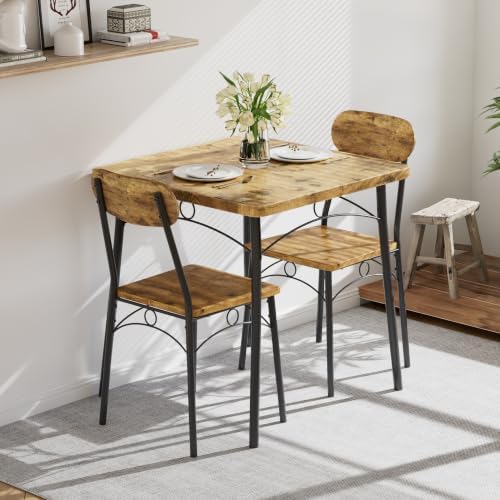 VECELO 3 Piece Small Dining Table Set for 2, Metal and Wood Square Kitchen Di...