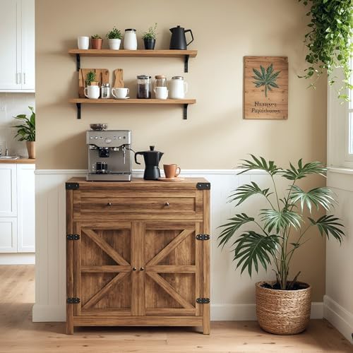 YESHOMY Farmhouse Coffee Bar and Accent Cabinet with Barn Doors, Brown