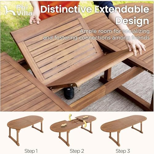 PHI VILLA Outdoor Dining Set for 8, Expandable Acacia Wood Table & Chairs