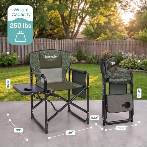 SereneLife Portable Director Chair, Folding Camping Chair with Side Table, Cu...
