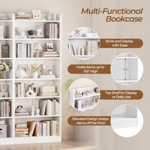 Yaheetech 7-Tier Tall Bookcase Adjustable Shelves Open Storage, White